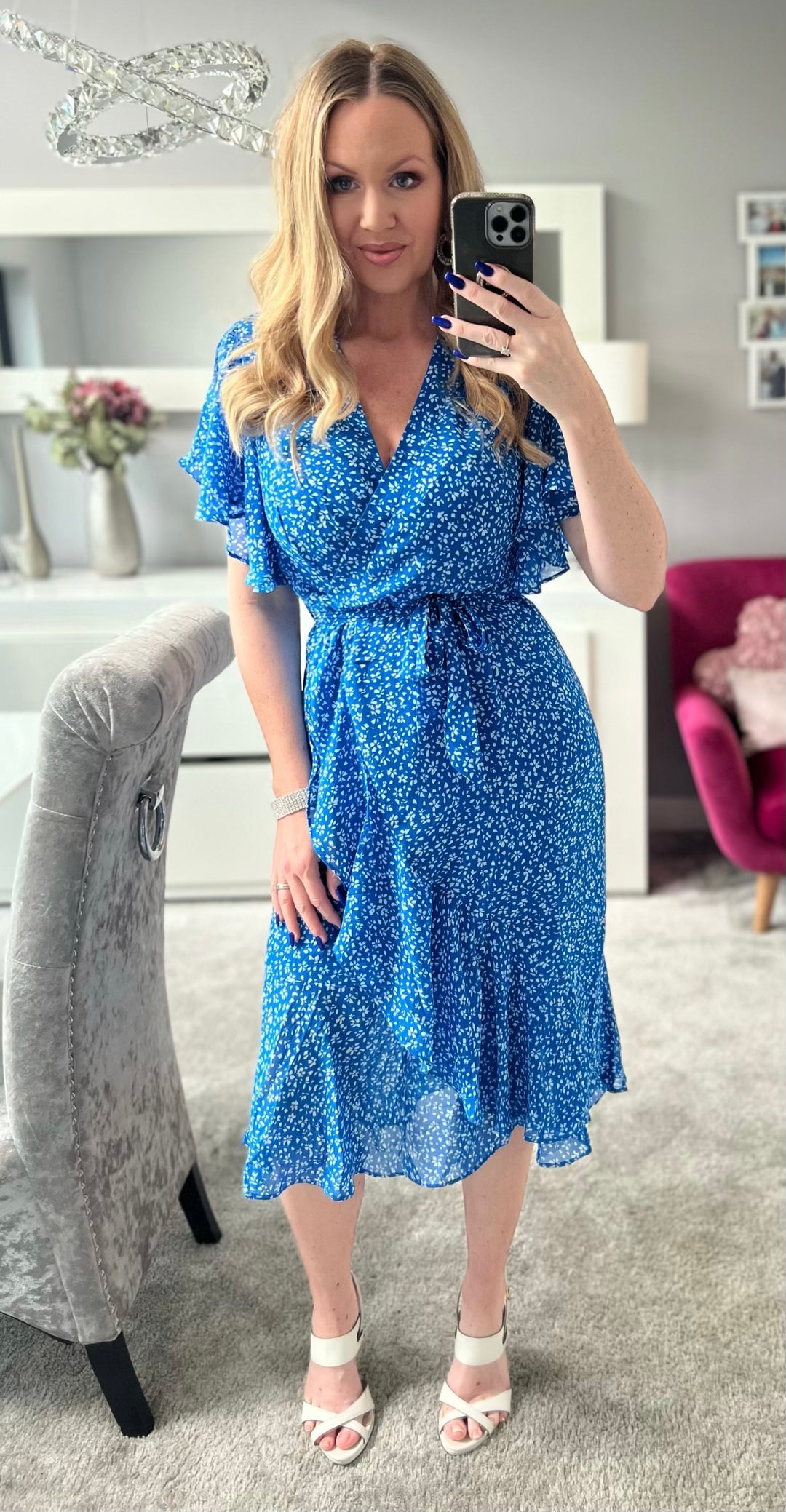 Daydreamer Blue Angel Sleeve Daisy Print Wrap Midi Dress