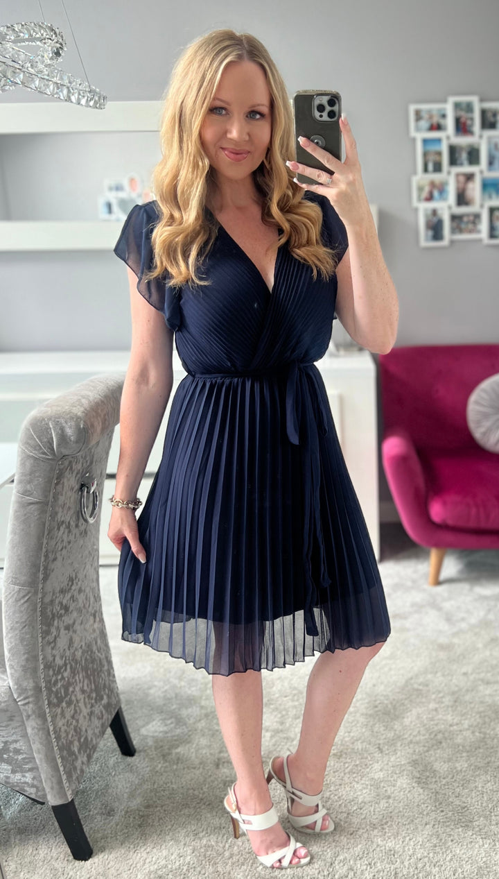 Havana Navy Short Sleeve Chiffon Plisse Pleated Knee Length Dress