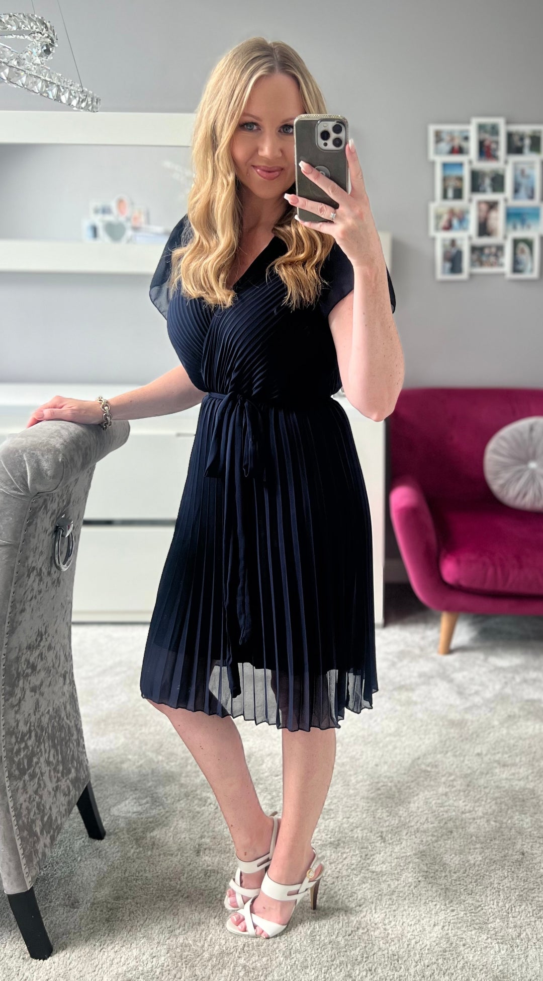 Havana Navy Short Sleeve Chiffon Plisse Pleated Knee Length Dress