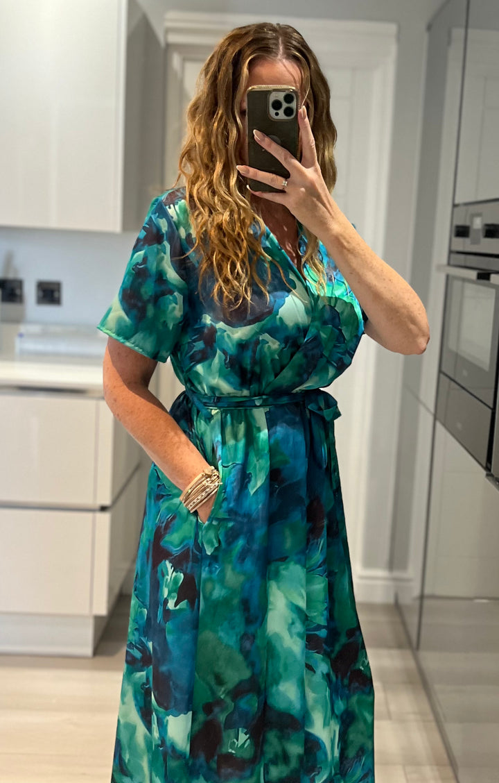Rochelle Green & Blue Abstract Short Sleeve Belted Maxi Dress With Pockets