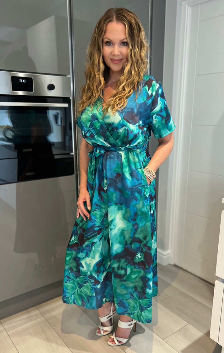 Rochelle Green & Blue Abstract Short Sleeve Belted Maxi Dress With Pockets