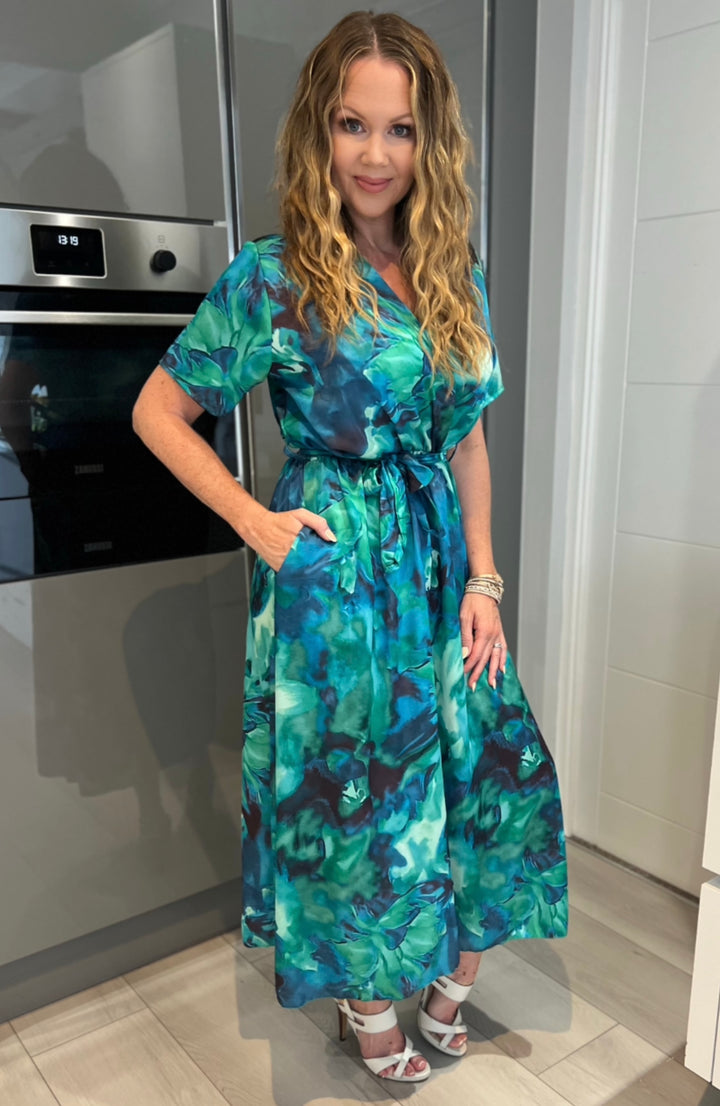 Rochelle Green & Blue Abstract Short Sleeve Belted Maxi Dress With Pockets