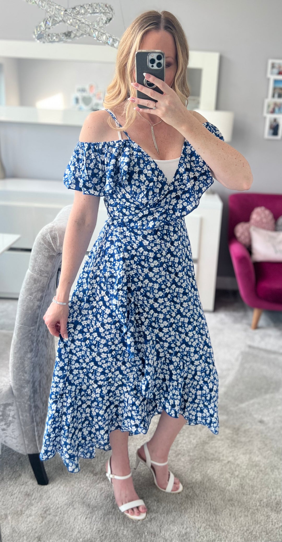 Carys Blue Ditzy Floral Print Wrap Cami Cold Shoulder Midi Maxi