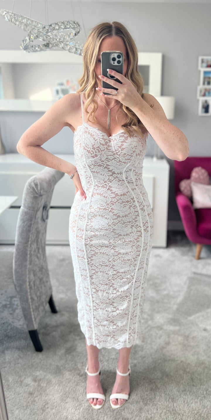 Date Night White & Nude Lace Lined Bodycon Midi Dress