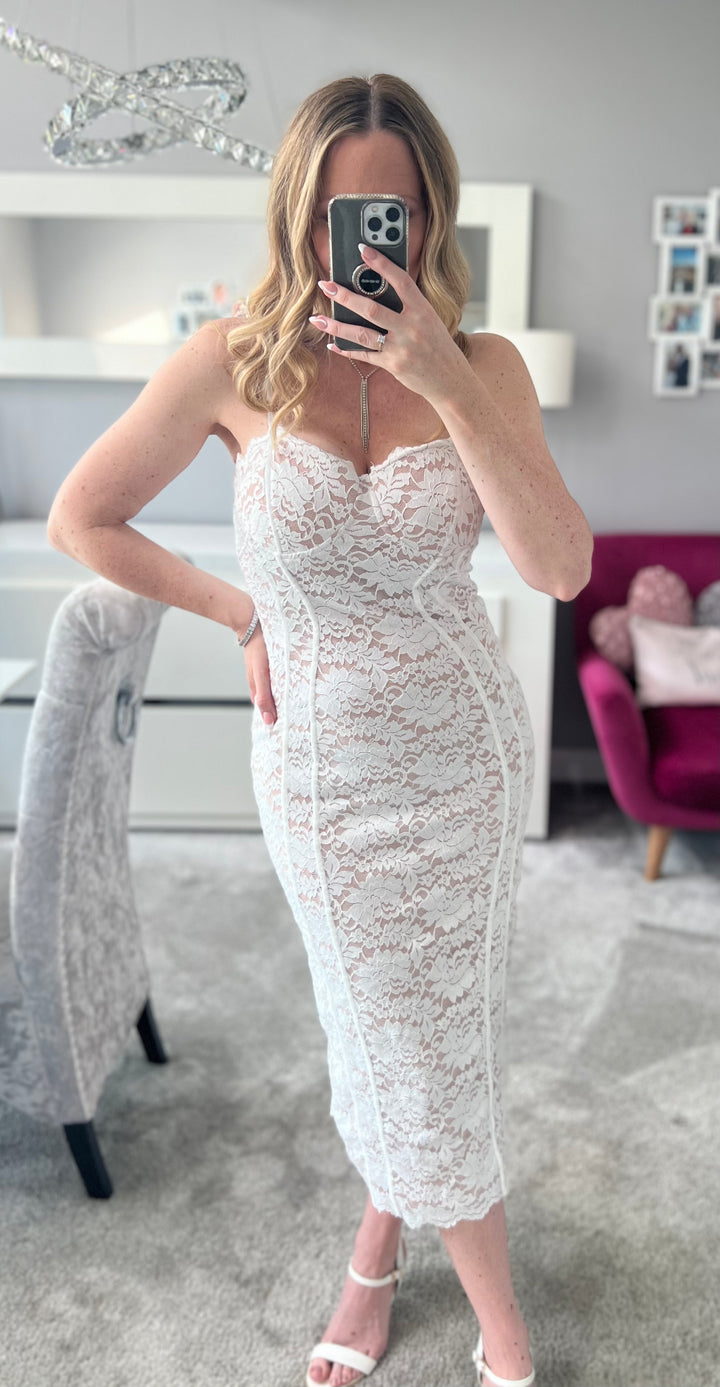 Date Night White & Nude Lace Lined Bodycon Midi Dress