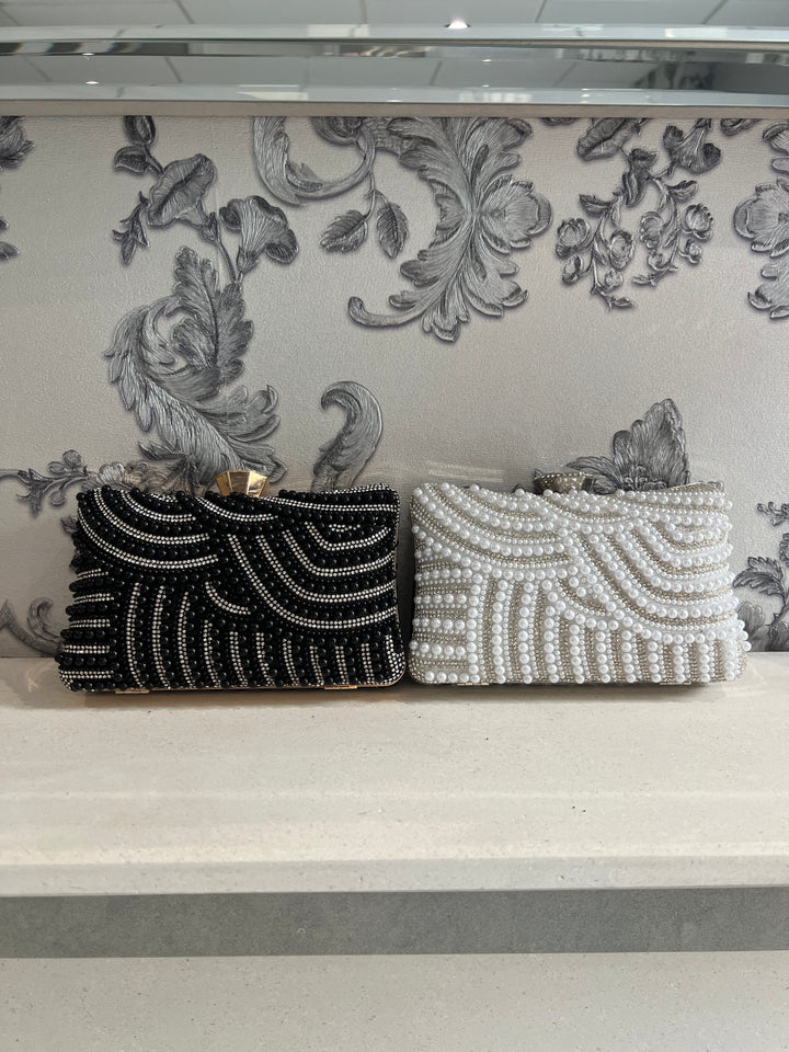 Marbella Diamante & Pearl Embellished Box Clutch Bag - White