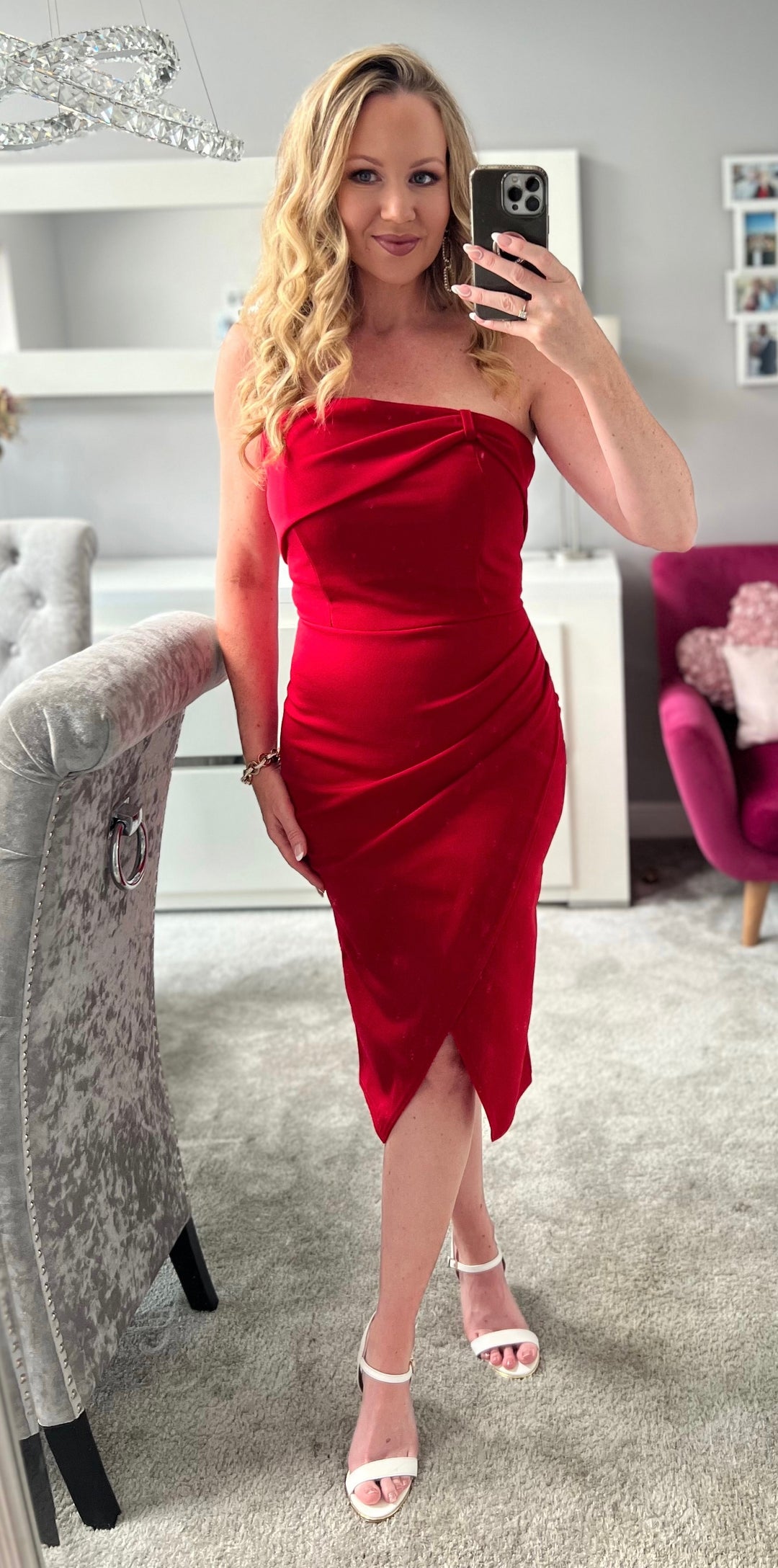 Passionista Red Bardot Bodycon Strapless Midi Dress