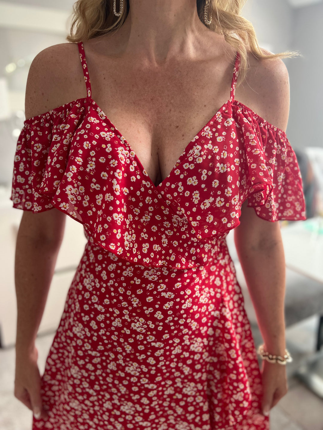 Carys Red Ditsy Floral Print Wrap Cami Cold Shoulder Midi Maxi Dress