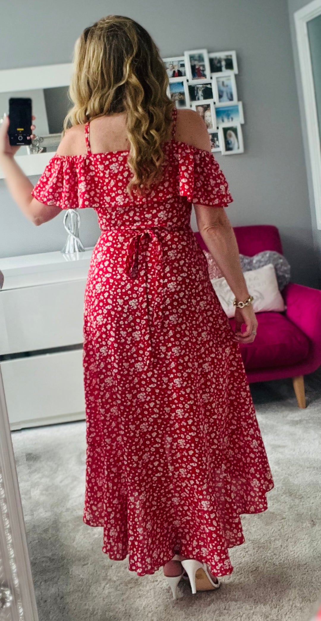 Carys Red Ditsy Floral Print Wrap Cami Cold Shoulder Midi Maxi Dress LittleMadam