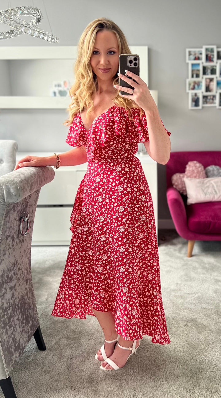 Carys Red Ditsy Floral Print Wrap Cami Cold Shoulder Midi/Maxi Dress