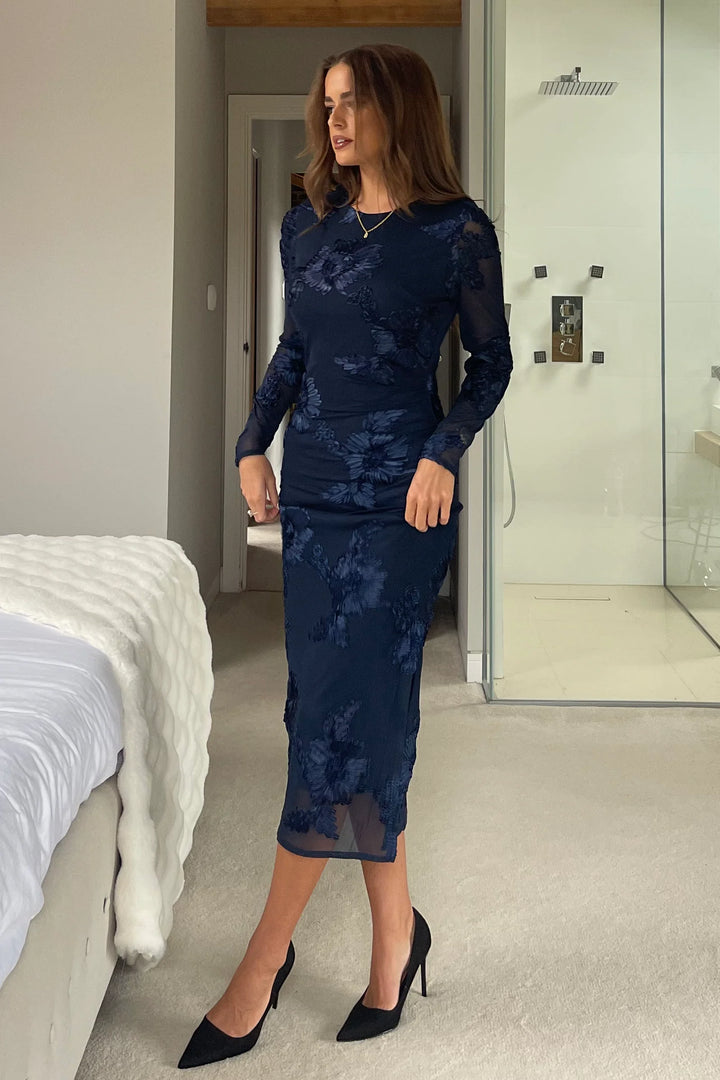 Elodie Navy Floral Embroidered Mesh Long Sleeve Bodycon Dress