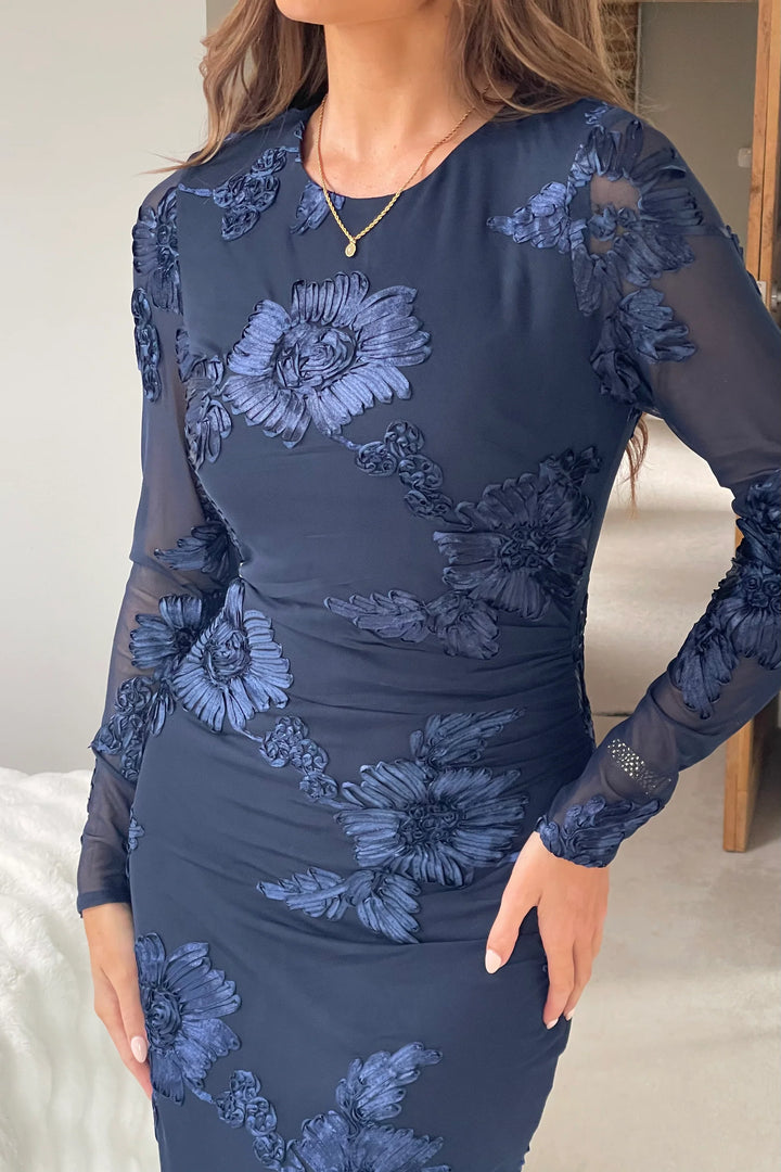 Elodie Navy Floral Embroidered Mesh Long Sleeve Bodycon Dress