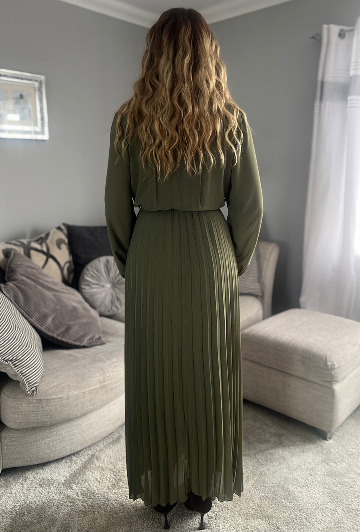 Amalfi Coast Khaki Chiffon Long Sleeve Pleated Belted Maxi Dress