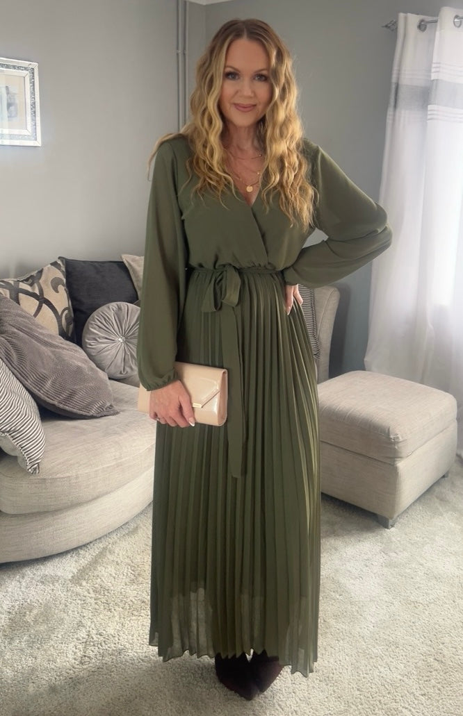Amalfi Coast Khaki Chiffon Long Sleeve Pleated Belted Maxi Dress