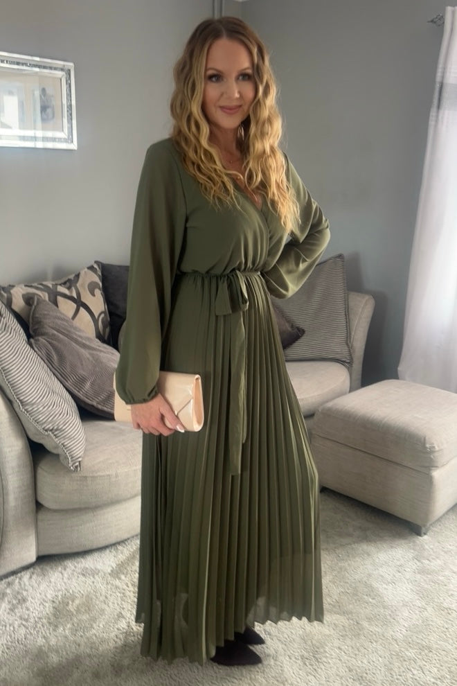 Amalfi Coast Khaki Chiffon Long Sleeve Pleated Belted Maxi Dress