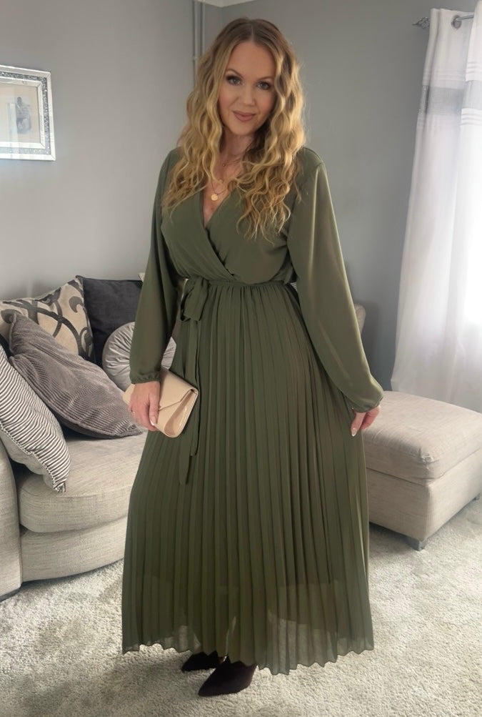 Amalfi Coast Khaki Chiffon Long Sleeve Pleated Belted Maxi Dress