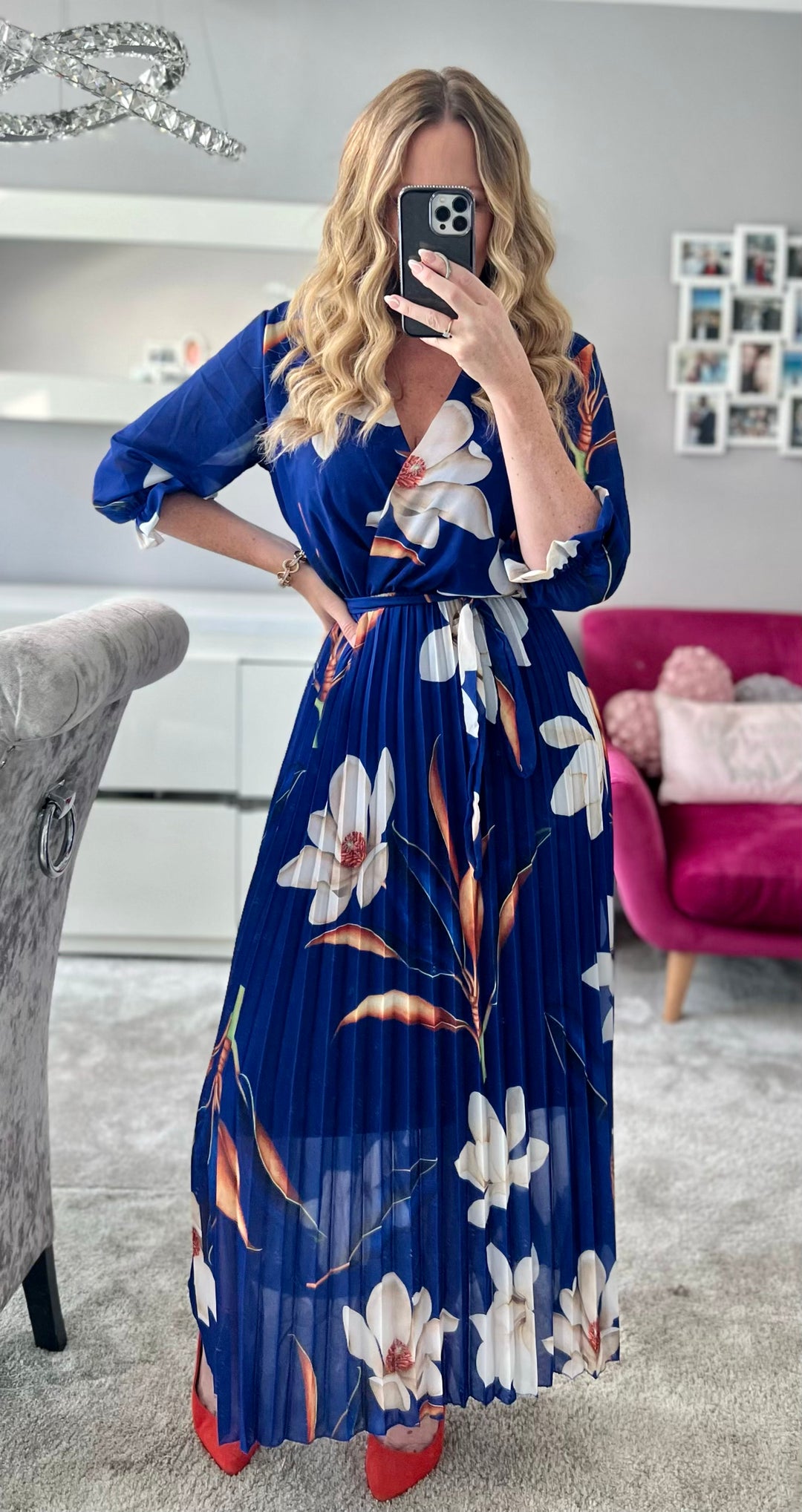 Elle Cobalt Blue Floral Chiffon Pleated Belted 3/4 Length Sleeve Maxi Dress - 2 LENGTHS (PRE-ORDER)