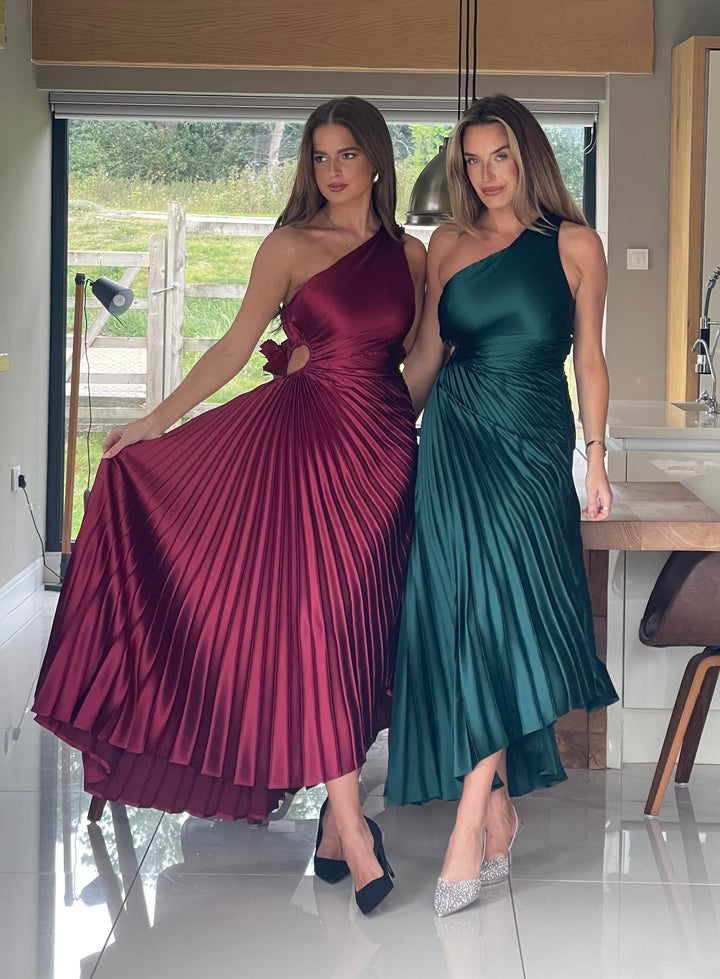 Aoife Emerald Green One Shoulder Pleated Midi Dress