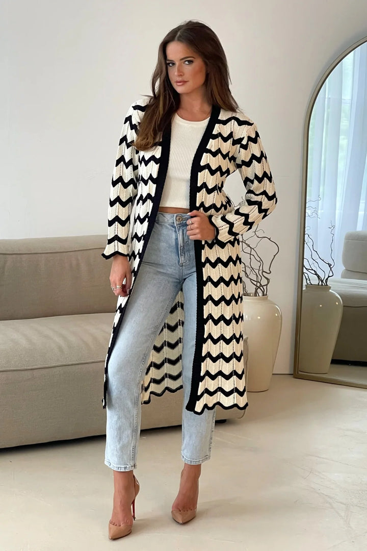 Ingrid Crochet Monochrome Chevron Long Cardigan