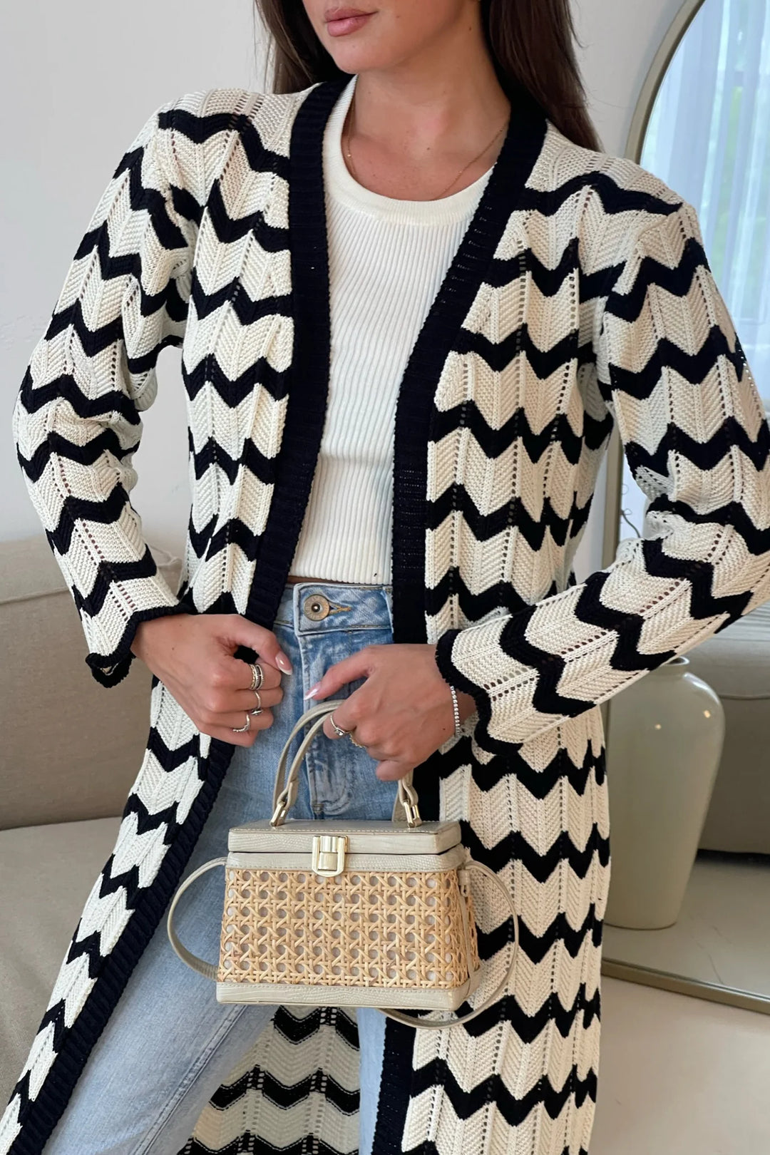 Ingrid Crochet Monochrome Chevron Long Cardigan