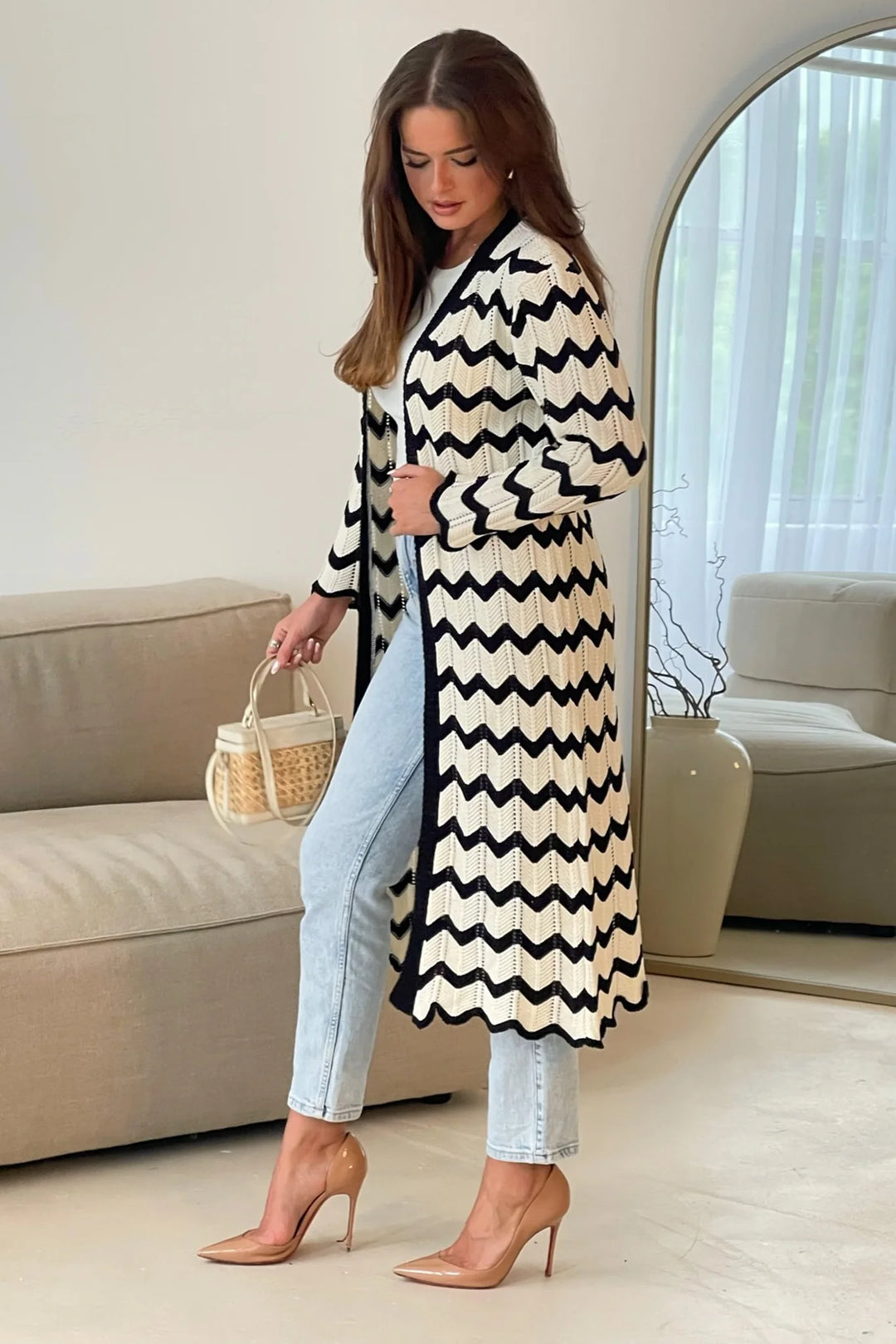 Ingrid Crochet Monochrome Chevron Long Cardigan