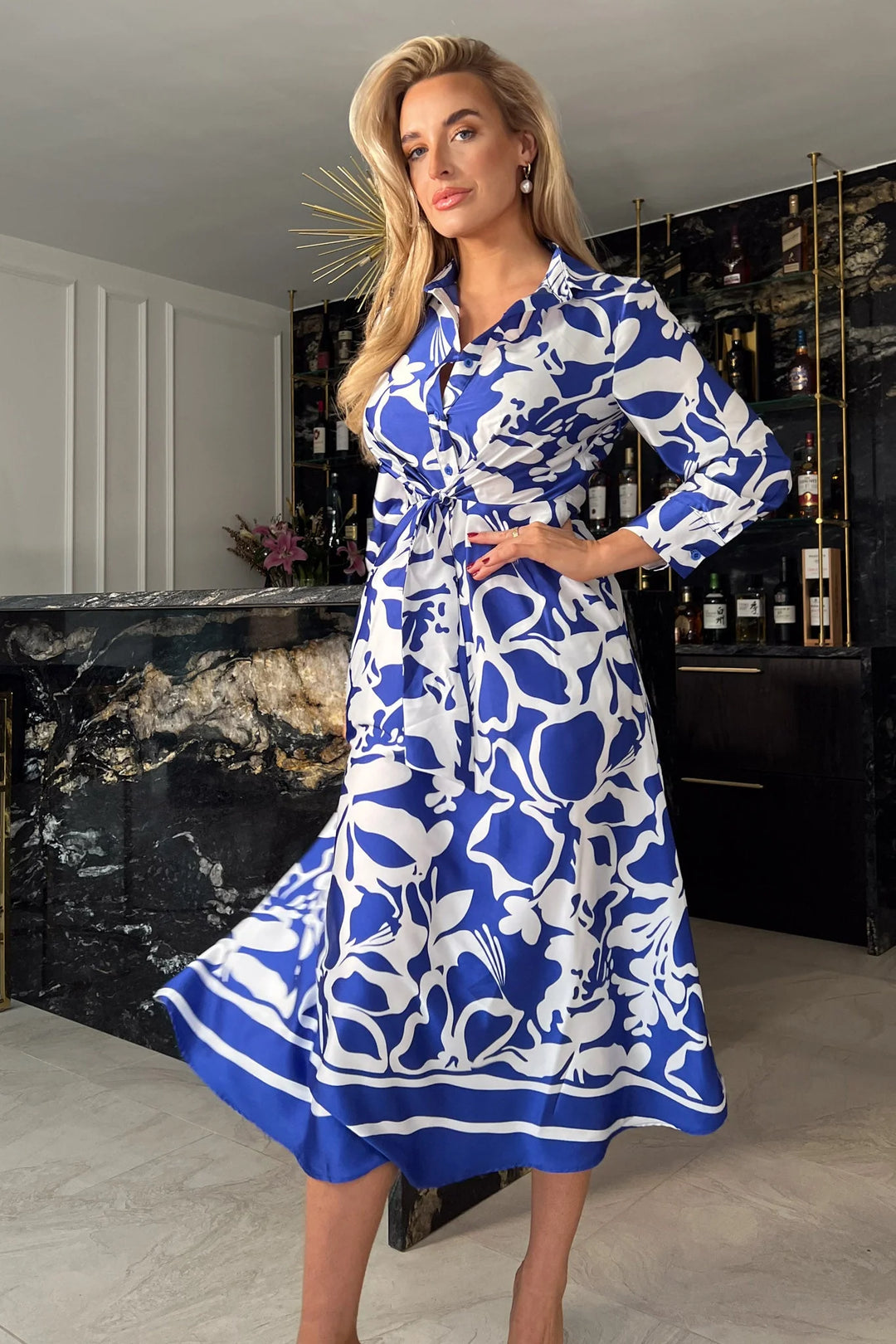 Isabelle Cobalt Blue Floral Tie Front 3 4 Sleeve Midaxi Shirt Dress LittleMadam