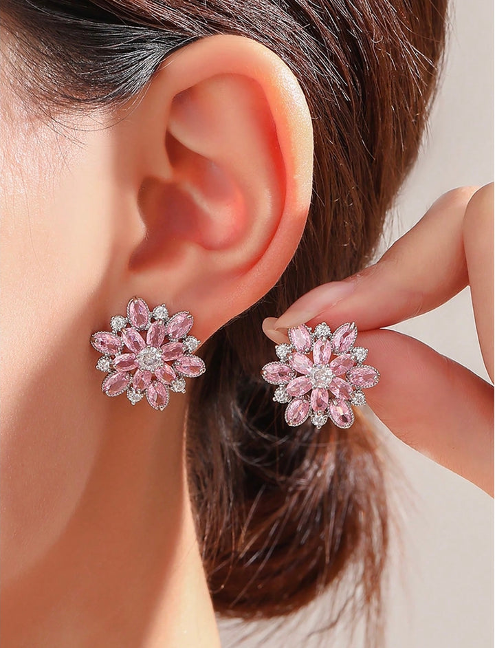Flower Diamante Stud Earrings in Pink (PRE-ORDER)
