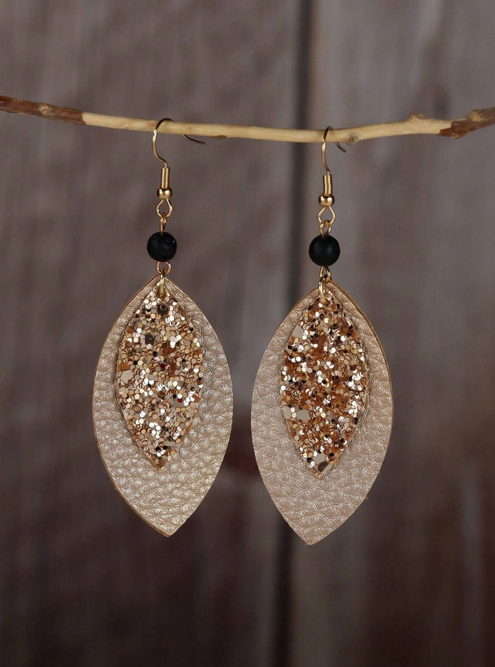 Leaf Shape Sequin, Wood & Leather Dangly Earrings In Champagne Gold (PRE-ORDER)