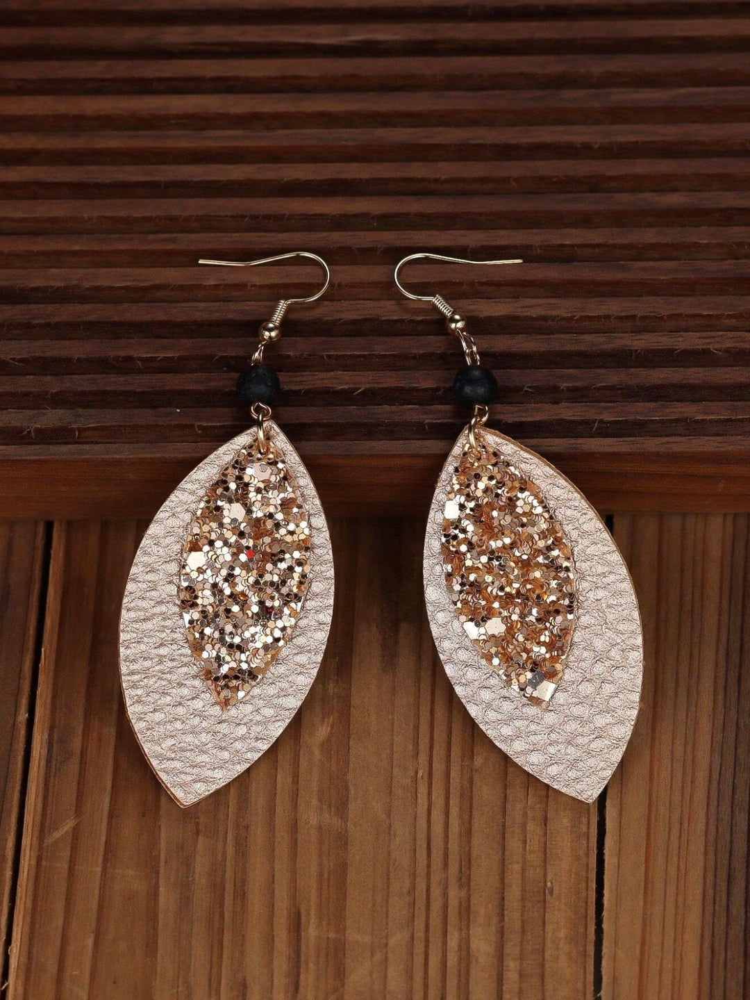 Leaf Shape Sequin, Wood & Leather Dangly Earrings In Champagne Gold (PRE-ORDER)