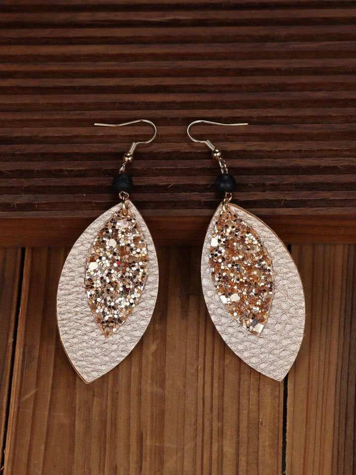 Leaf Shape Sequin, Wood & Leather Dangly Earrings In Champagne Gold (PRE-ORDER)