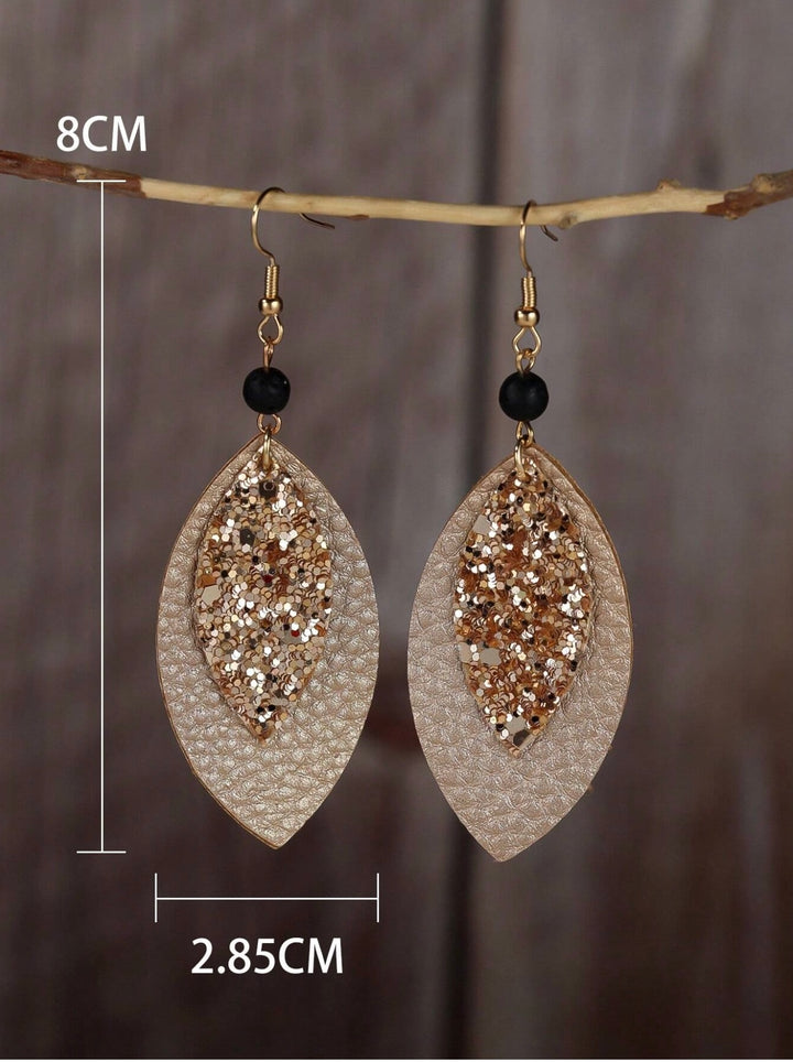 Leaf Shape Sequin, Wood & Leather Dangly Earrings In Champagne Gold (PRE-ORDER)