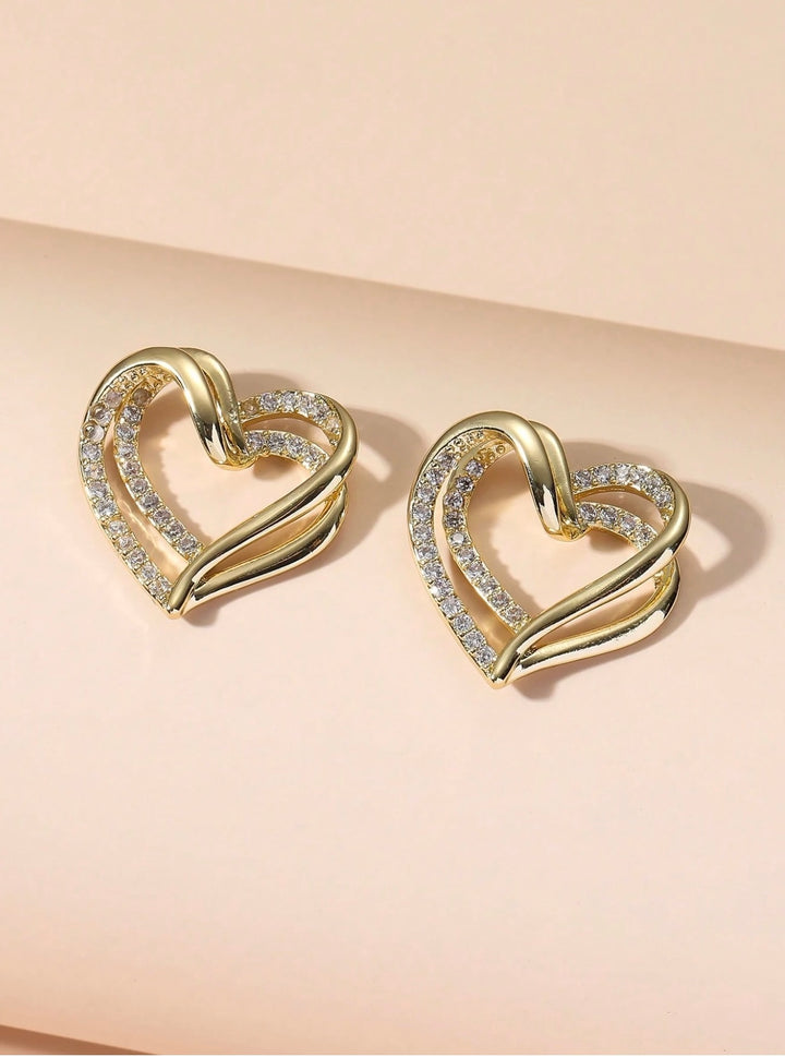 Double Layer Diamante Heart Earrings in Gold (PRE-ORDER)