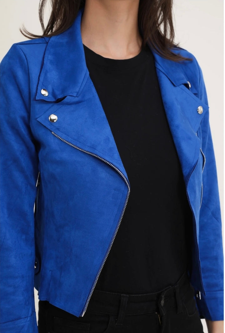 Savannah Cobalt Blue Suedette Zip Detail Lightweight Biker Jacket