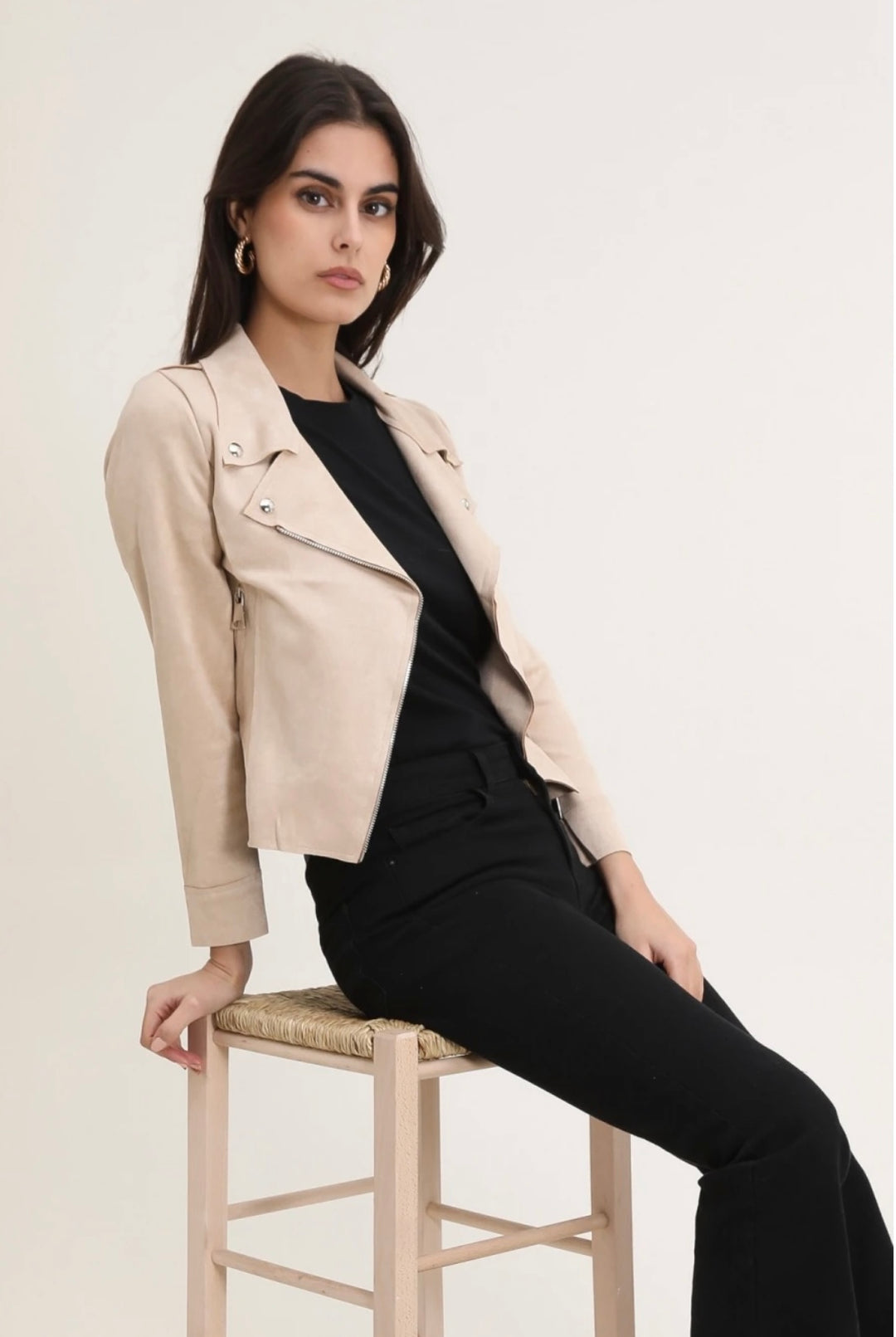 Savannah Cream Suedette Zip Detail Lightweight Biker Jacket