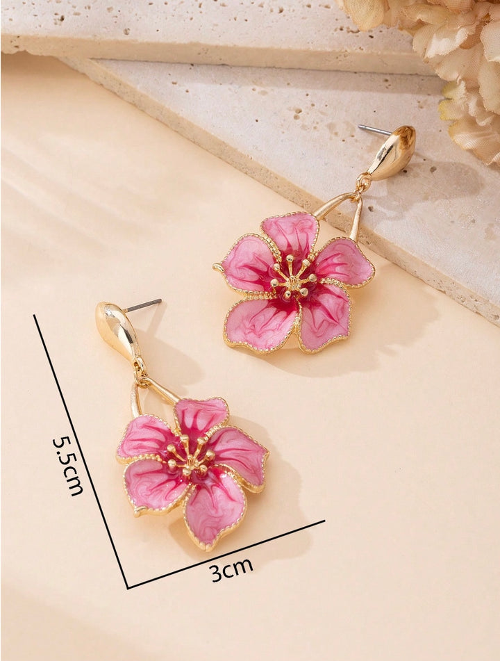 Pink Oil Drop Flower Pendant Earrings