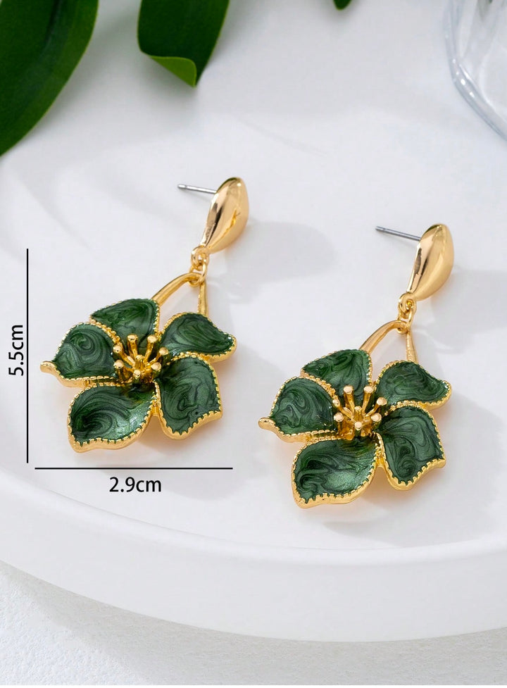 Green Oil Drop Flower Pendant Earrings