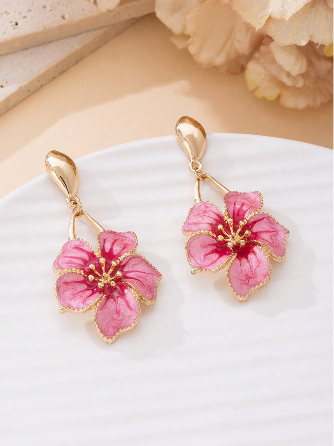 Pink Oil Drop Flower Pendant Earrings