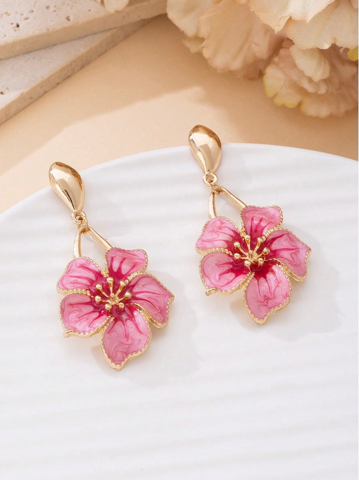 Pink Oil Drop Flower Pendant Earrings
