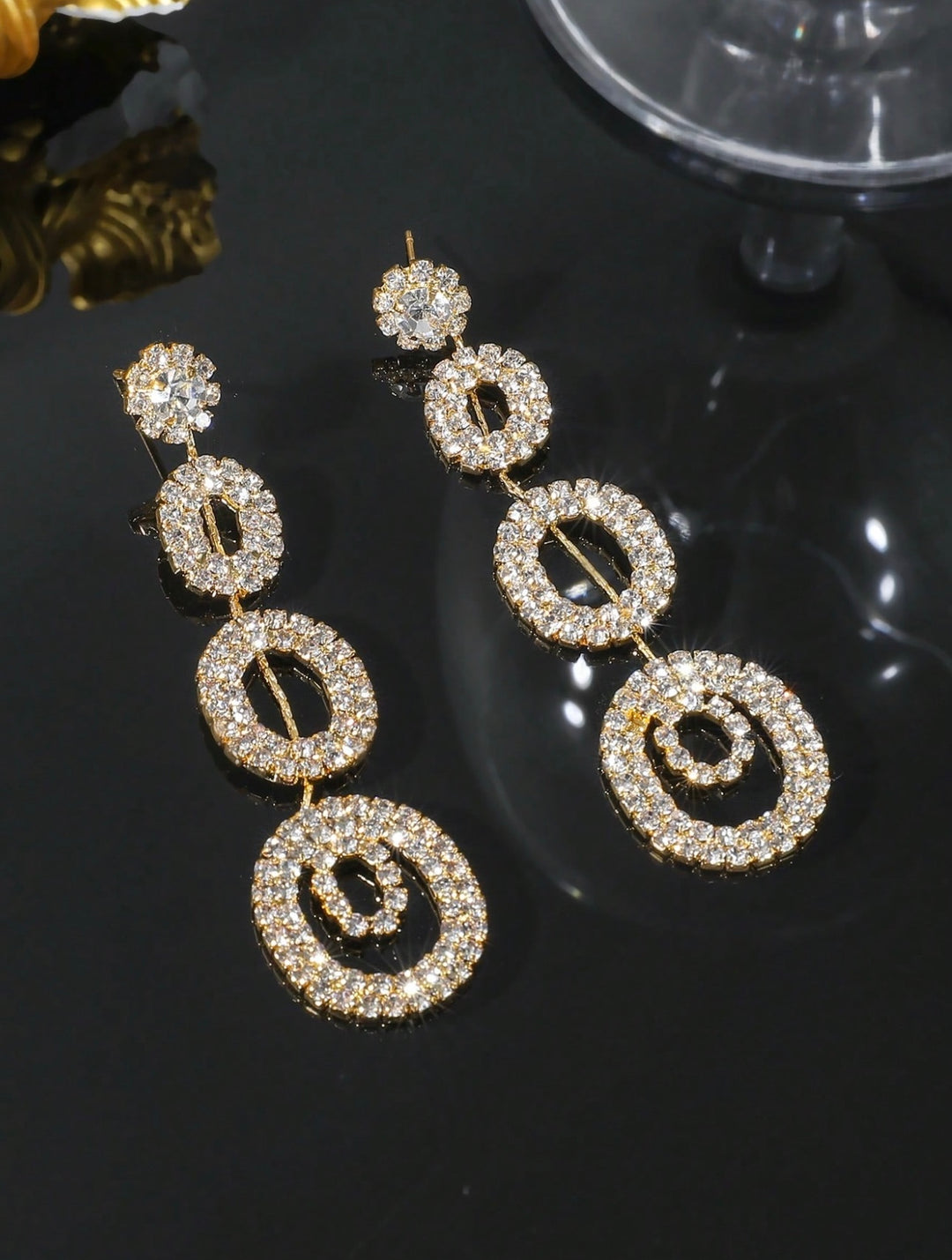 Dangly Concentric Circle Diamante Earrings in Gold