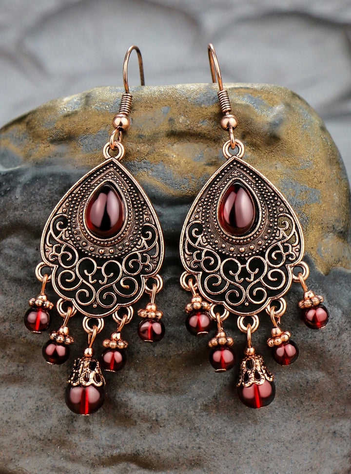 Dangly Boho Indian Earrings in Antique Gold & Burgundy