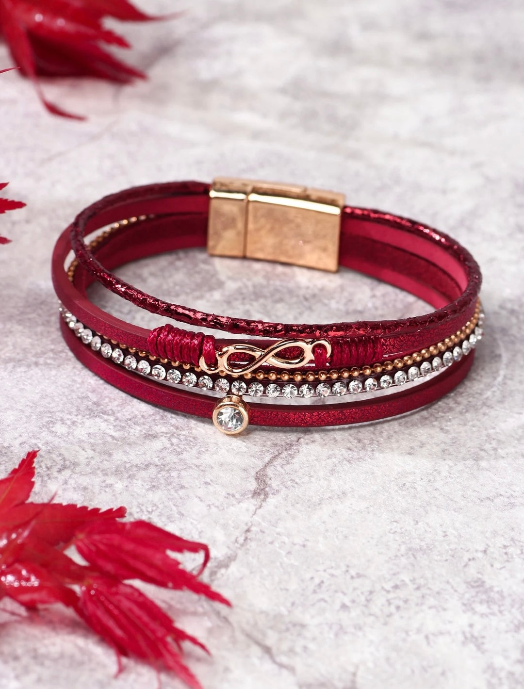 Deep Red Rhinestone Layered Boho Bracelet
