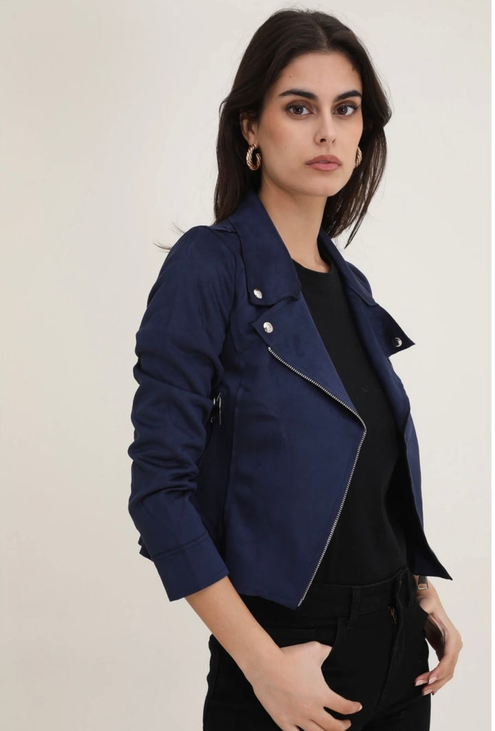 Savannah Navy Suedette Zip Detail Lightweight Biker Jacket