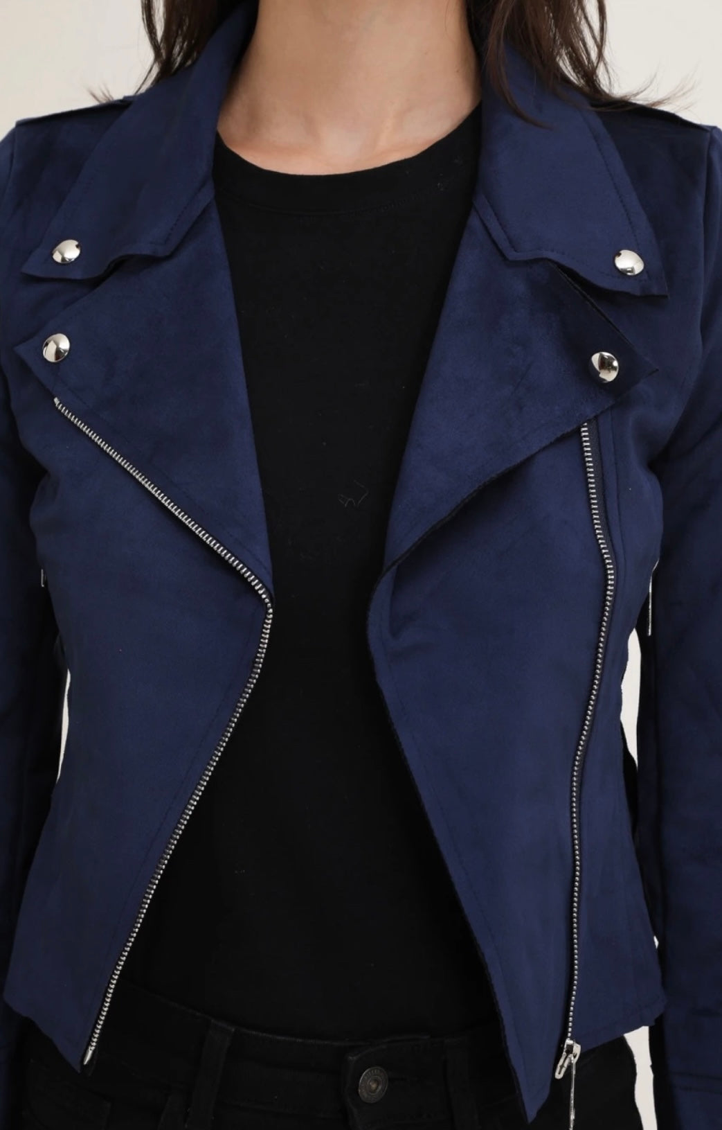 Savannah Navy Suedette Zip Detail Lightweight Biker Jacket