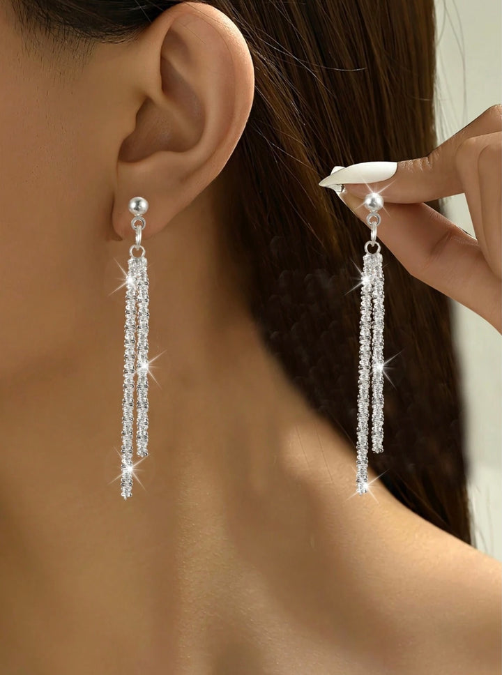 Long Stud & Tassel Diamante Dangly Earrings