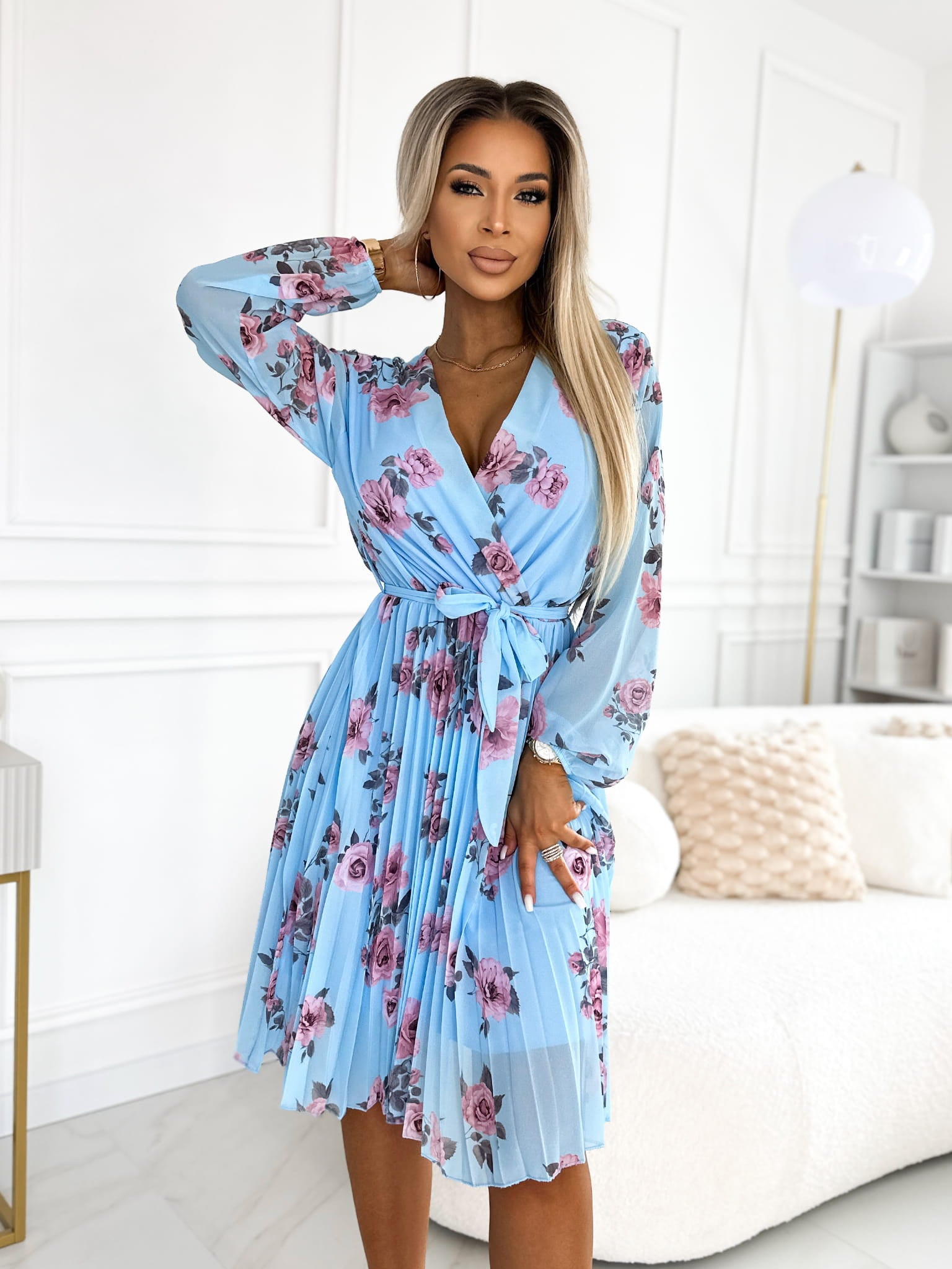 Joanie Sky Blue Floral Long Sleeve Chiffon Pleated Knee Length Dress