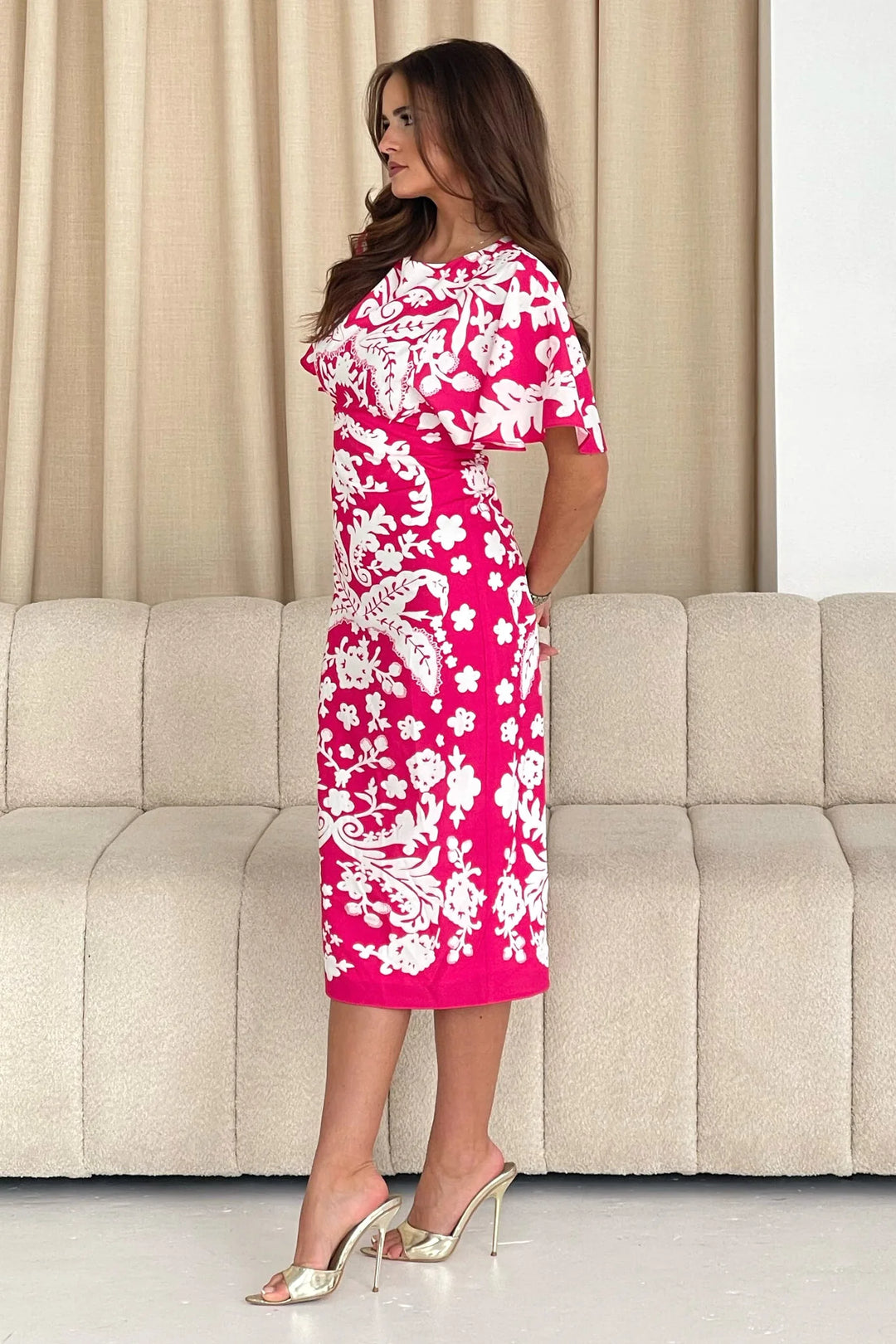 Jocelyn Pink and White Angel Sleeves Midi Dress