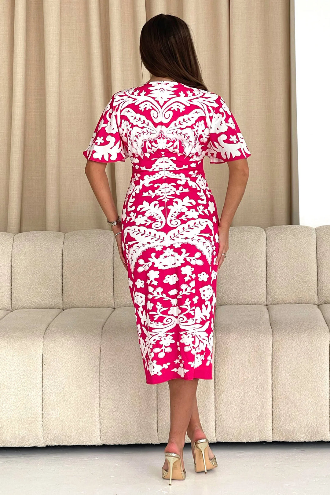 Jocelyn Pink and White Angel Sleeves Midi Dress