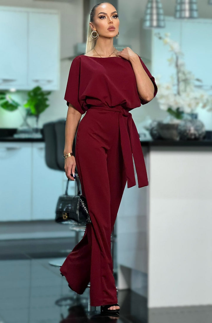 Darcy Wine Batwing Wide Leg Belted Jumpsuit