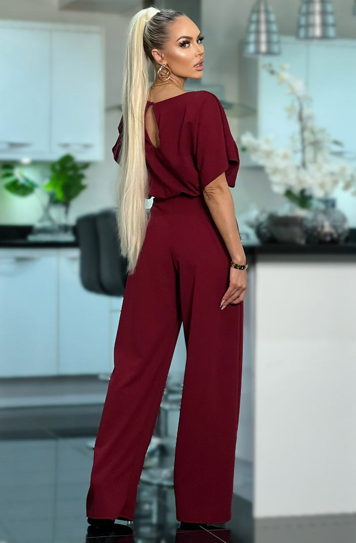 Darcy Wine Batwing Wide Leg Belted Jumpsuit