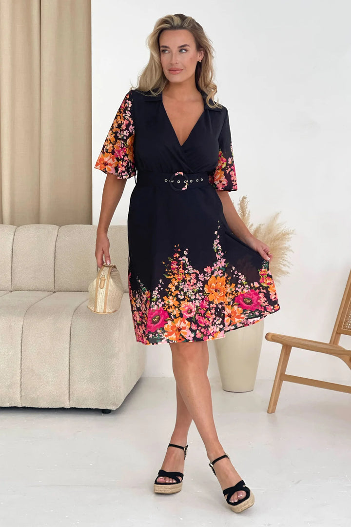 Karen Boarder Print Belted Midi Shirt Dress